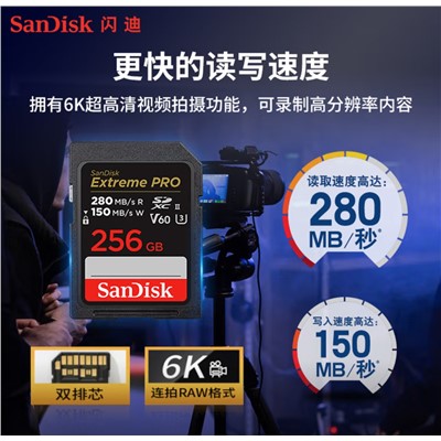 闪迪（SanDisk）256GB SD V60 U盘/C存储卡 内存卡 6K视频 V60 U3 C10 高速相机存储卡 读速280MB/s 写速150MB/s 高清拍摄 畅快连拍